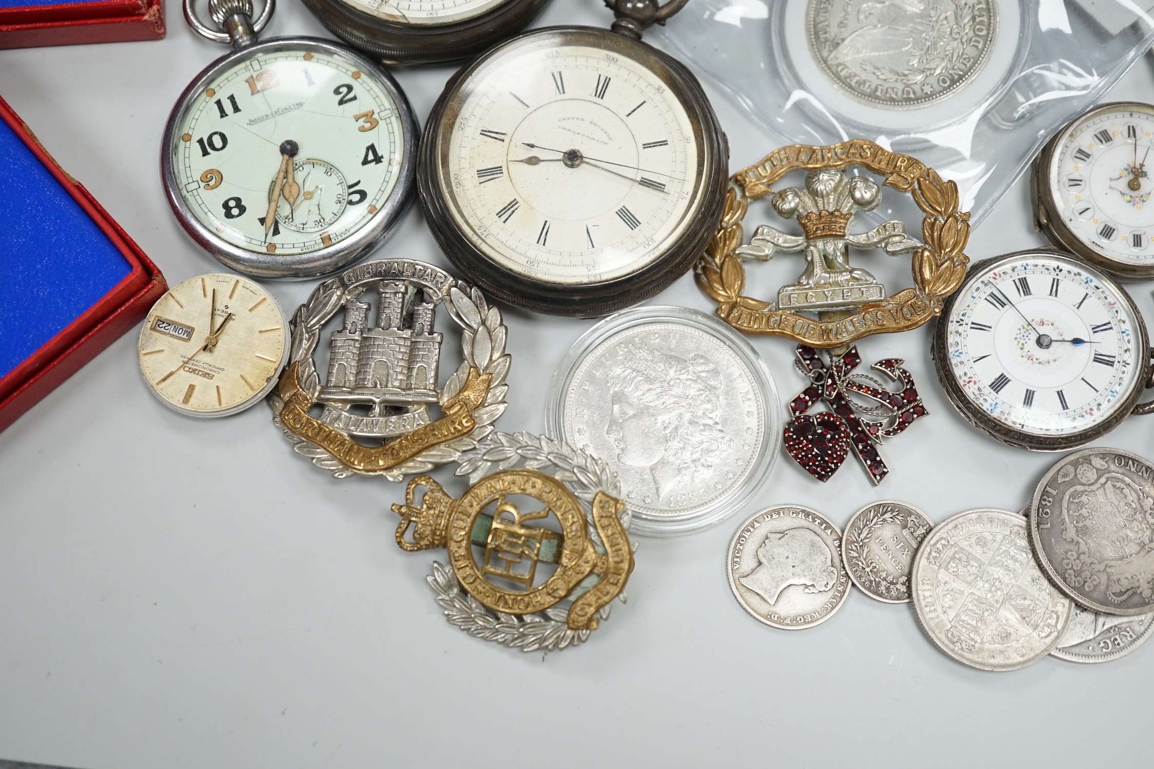 Assorted collectable items, including two silver open faced chronograph pocket watch, a chrome cased military Jaeger LeCoultre pocket watch, two wrist watches, two fob watches, assorted coins including US dollars, cap ba